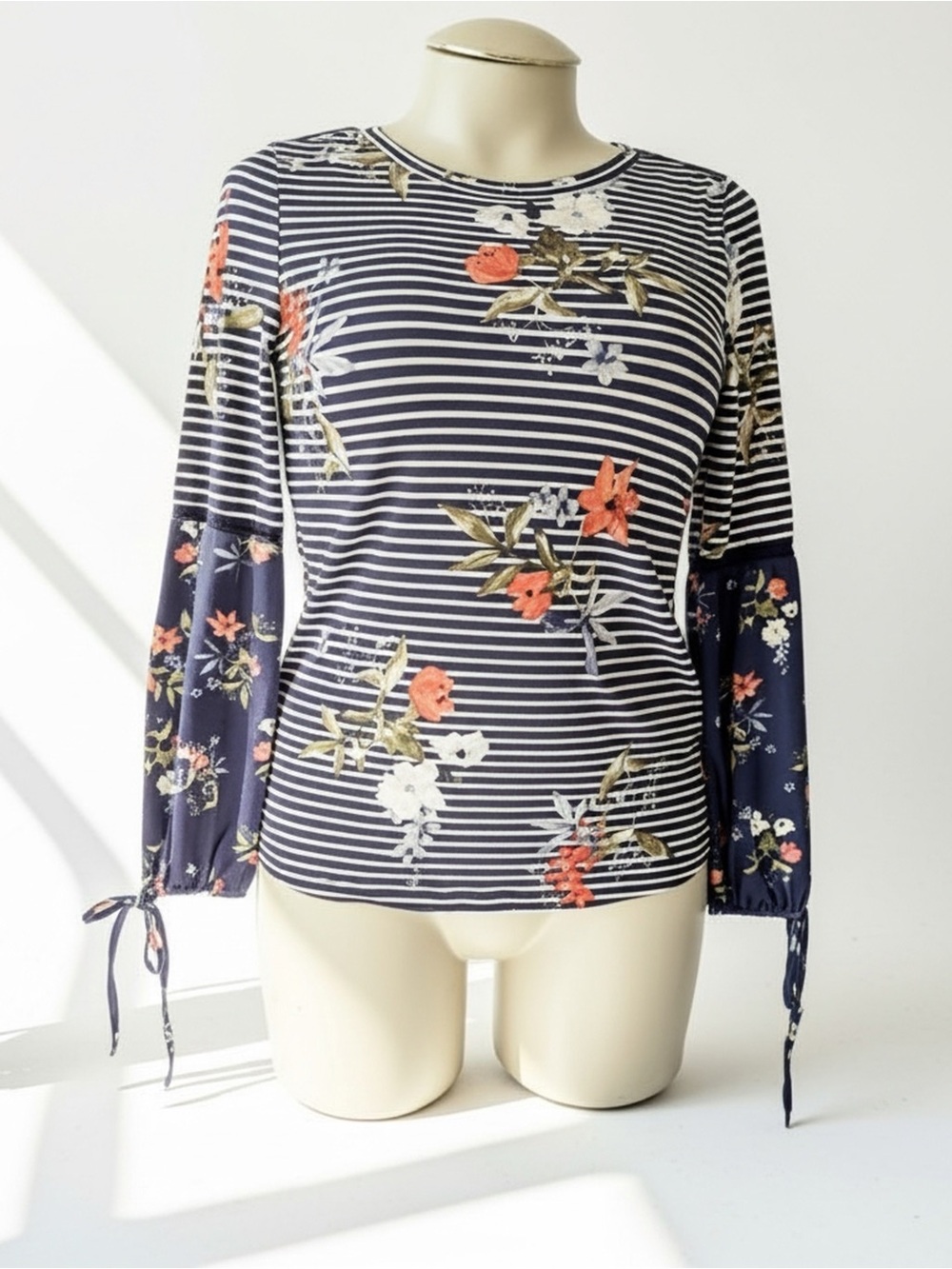 Fred David Navy Striped Floral Long-Sleeve Tie Cuff Top